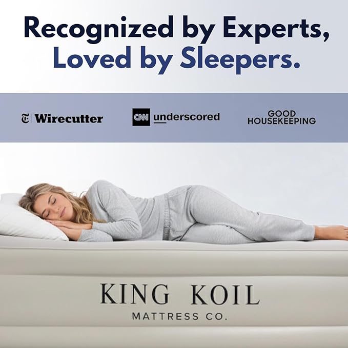 King Koil Luxury Queen Size Air Mattress with Built-in High-Speed Pump Best for Home, Camping, Guests, Queen Size Luxury Double Airbed Adjustable Blow Up Mattress, Waterproof, 1-Year Warranty