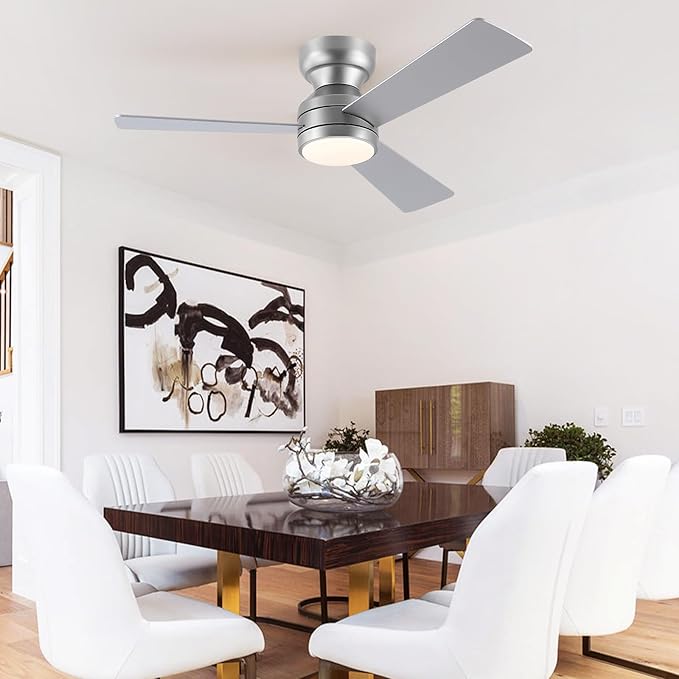 Asyko 46" Silver Low Profile Ceiling Fan with Light and Remote,Modern Flush Mount Ceiling Fans for Bedroom, Living Room, 6 Speeds, Dimmable, Timer, Quiet Reversible