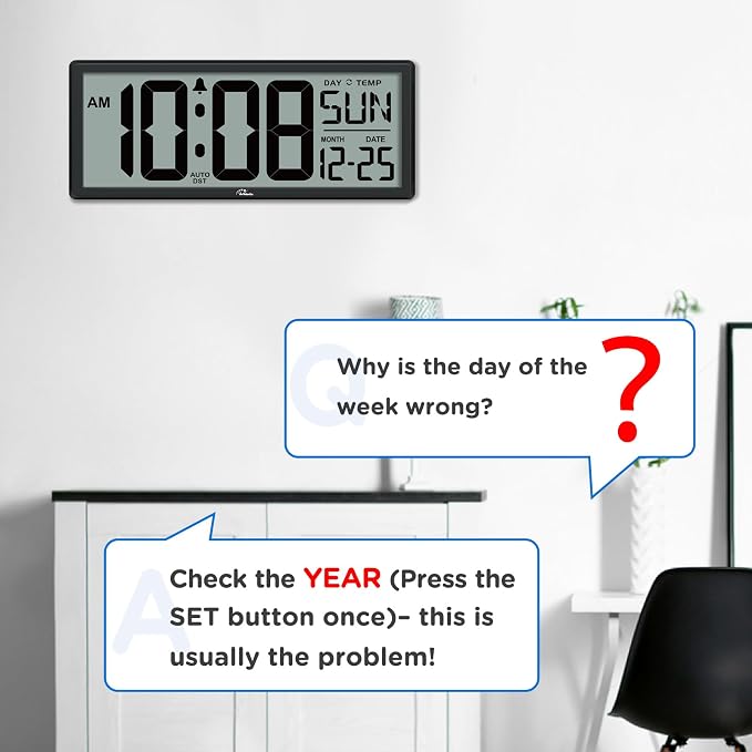 WallarGe Backlight Digital Wall Clock Battery Operated - with Temperature and Date 14.5'' Large Digital Wall Clock, Easy to Read and Set, Auto DST