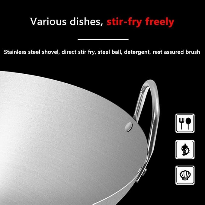 Round Bottom Wok Fry Pan Non Stick Frying Pans Binaural Stainless Steel Wok Thicken Gas Stoves,Old-Fashioned Iron Pot Home Wok Suitable for Restaurants Banquets Frying Pa(