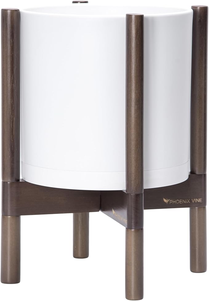 D'vine Dev Plastic Pot with Walnut Wood Stand, White, 10 in, 55-C-L-1 | Mid-Century Inspired Design, Elevated Plant Display, Clean Lines, Sturdy Support, Modern Space-Saving Style