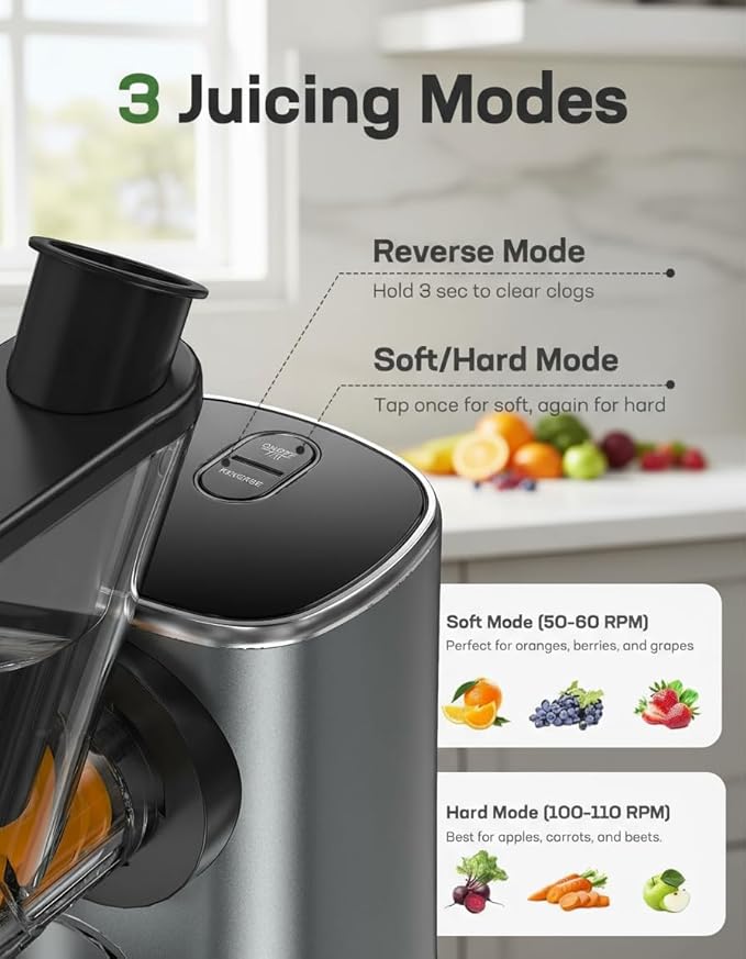 Marsail Slow Juicer, Cold Press Juicer Machines with Soft & Hard Modes, High Juice Yield Masticating juicer for Vegetables & Fruits with Reverse Function