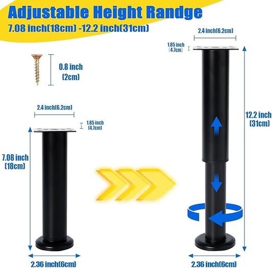 6 PCS Adjustable Height Bed Support Legs for Bed Frame/Bed Center Slat, Heavy Duty Furniture Replacement Legs 7.08-12.2 inch for Sofa/Cabinet/Couch/Dresser/Table (Black)
