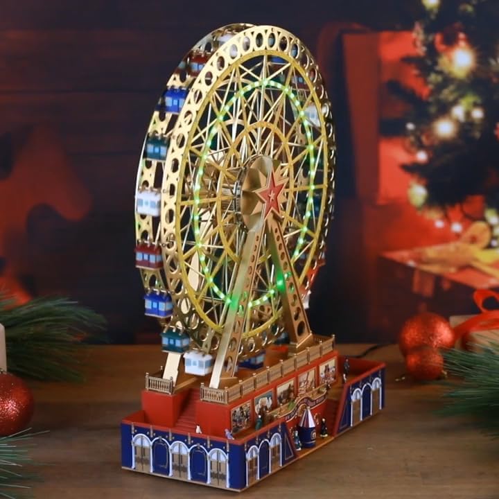 Mr. Christmas World's Fair Grand Ferris Wheel Musical Animated Christmas Decoration, with LED Lights and 50 Songs, 15 Inch, Gold