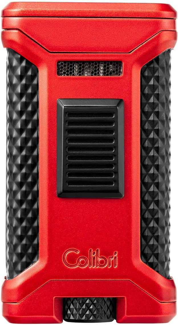 Colibri Ascari Triple Jet Torch Lighter, Windproof & Uses Butane Refill, Cigar Enthusiast's Choice with Integrated Punch, Blue Fuel Window, and Adjustable Flame (Metallic Red + Black)