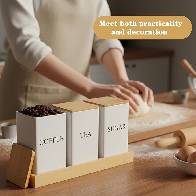 Coffee Tea Sugar Container with Tray, Set of 3 Square Airtight Metal Storage Canister with Bamboo Lids White Metal Teas and Coffee Canisters Set for Kitchen, Dining, Cupboard, Snack