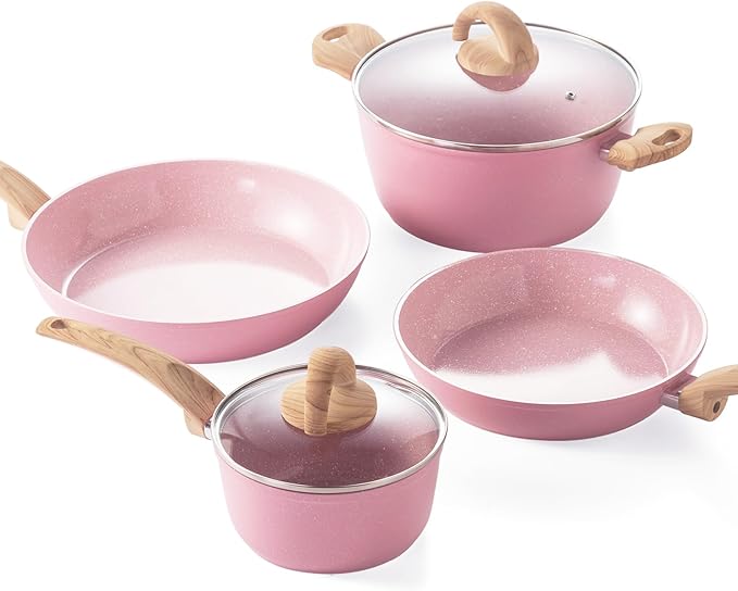 Vkoocy Pink Pots and Pans Set Non Stick, Ceramic Cookware Set with Granite Pattern Kitchen Cooking Sets Induction Pot and Pan w/Frying Pans, Saucepans, Casserole, Non-Toxic, PTFE/PFOA/PFOS-Free