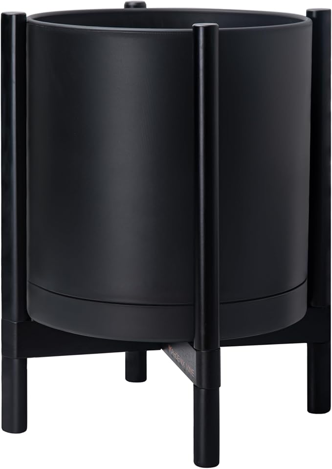 D'vine Dev Plastic Pot with Ebony Wood Stand, Black, 16 in, 55-C-Z-2 | Mid-Century Inspired Design, Elevated Plant Display, Clean Lines, Sturdy Support, Modern Space-Saving Style