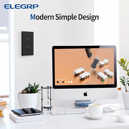 ELEGRP Matte Black Tamper Resistant Decorator Wall Receptacle Outlet, 15A 125V Electrical Outlet, Residential Grade, Self-grounding, Screwless Wall Plate Included, UL Listed, 100 Pack