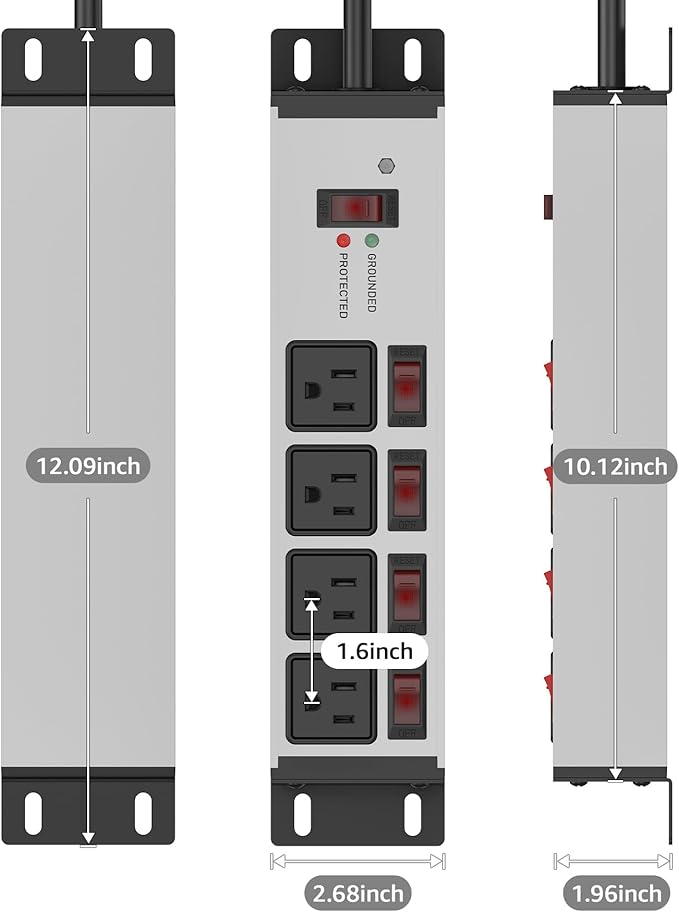 CCCEI Heavy Duty Surge Protector Power Strip 20 Amp Individual Switches. 15FT 12 Gauge Extension Cord with Multiple Outlets. Kitchen, Garage, Shop, Industrial Wall Mount Electric Extender, Grey.