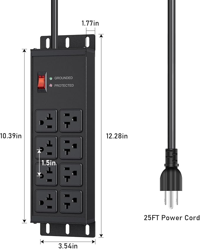 JUNNUJ Heavy Duty Surge Protector Power Strip 4800J, Garage Metal 8 Outlets 20 Amp 12 Gauge, High Amp 5-15P Adapter Shop 6-20R T-Slot Industrial Outlet, 25 FT Extension Cord Commercial for Appliance