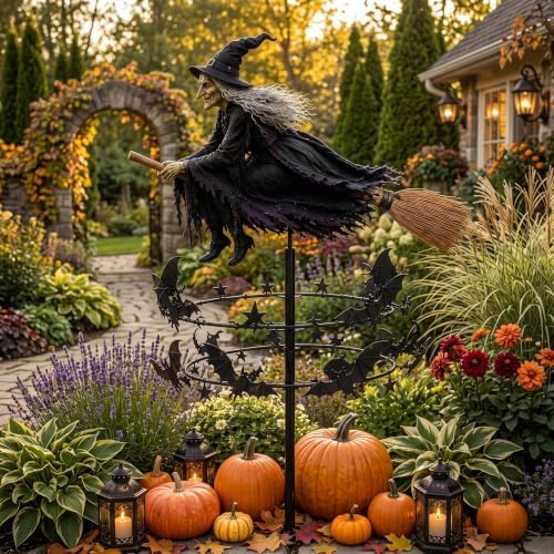 2PCS The Enchanted Witch Garden Wind Spinner, Metal Halloween Yard Art Outdoor Garden Decor, Outdoor Garden Stake Decoration, Halloween Lawn Ornament Wind Spinners for Halloween Yard Patio Pathway