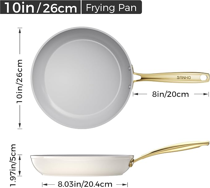 Sanho Ceramic NonStick Frying Pan, 10 Inch Frying Pans Skillet, Non Stick Egg Pans with Cool Touch PVD Handle for Induction, Dishwasher & Oven Safe, PTFE & PFOA Free, Non Toxic for Healthy Cooking