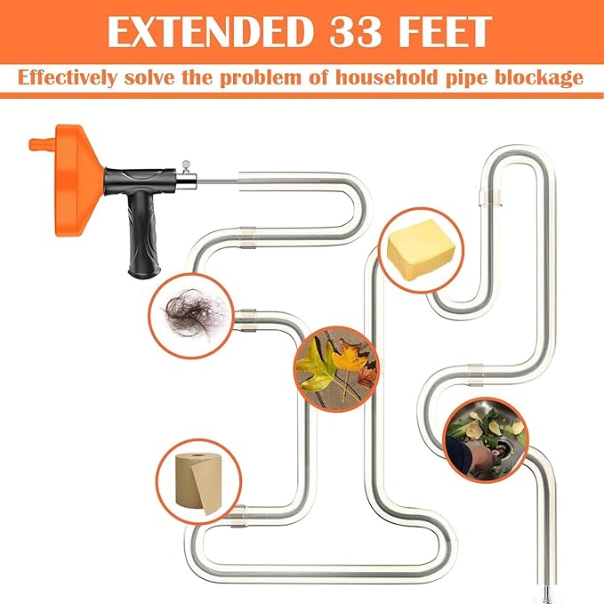 Drain Snake Auger Plumbing Snake Drain Hair Clog Removal Tool, Sink Drain Heavy Duty Toilet Snake Auger, Cleaner Tool for Bathroom Kitchen Tub Shower Drain Clog Remover with Gloves 33FT