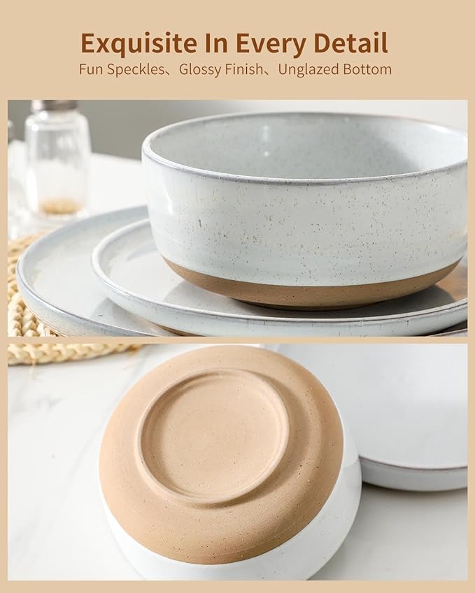 Hasense Plates and Bowls Sets, 3 Pieces Modern Porcelain Dishes Sets, Stoneware Dinnerware Sets with Speckled Pattern, Scratch Resistant Microwave and Dishwasher Safe, White