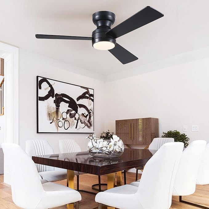 Asyko Ceiling Fans with Lights,46" Low Profile Ceiling Fan with Light and Remote Control,Flush Mount, Reversible, Dimmable, Noiseless, Black Ceiling Fan for Bedroom
