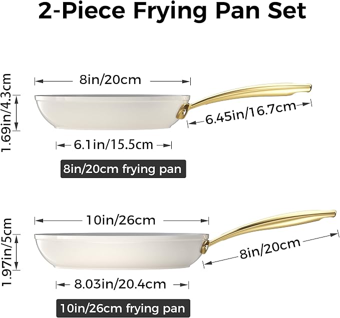 Sanho Ceramic NonStick Frying Pan, 8 & 10 Inch Frying Pans Skillet, Non Stick Egg Pans with Cool Touch PVD Handle for Induction, Dishwasher & Oven Safe, PTFE & PFOA Free, Non Toxic for Healthy Cooking