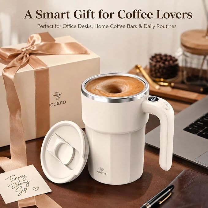 Self Stirring Coffee Mug, 12oz Rechargeable Magnetic Mixing Cup with Temperature Display, 316 Stainless Steel Electric Stirring Cup with Lid & Handle for Coffee, Cocoa, Matcha, Creamer, Mushroom Coffe