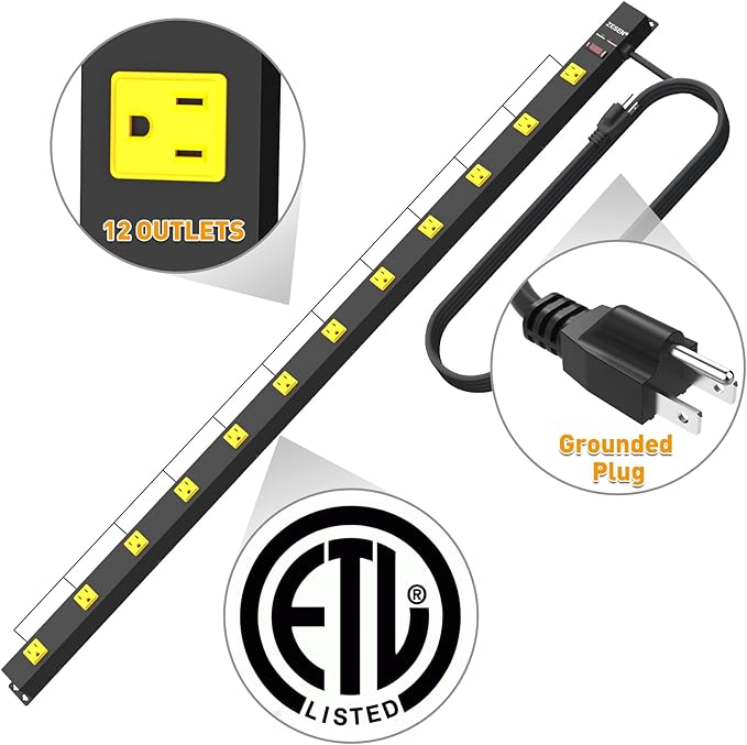 12 Outlet Industrial Long Power Strip with 15Ft Cord, 1875W Heavy Duty Metal Power Strip with Wide-Spaced Outlets & Overload Protection, ETL Listed for Garage, Workshop, Office, Home