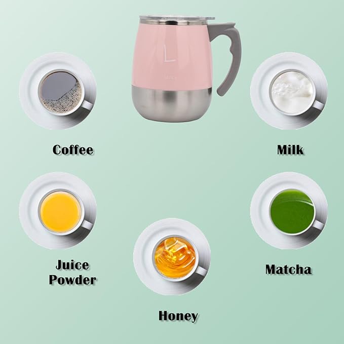 Rechargeable Self Stirring Mug - Magnetic Electric Auto Mixing Stainless Steel Cup for Office/Kitchen/Travel/Home Coffee/Tea/Hot Chocolate/Milk-390 ml/13.2 oz(Pink)