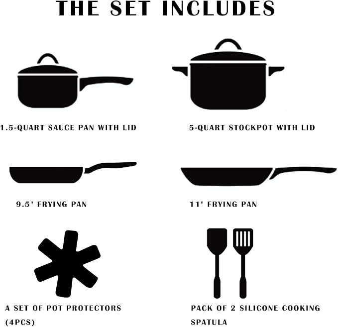 Vkoocy Non Stick Pots and Pans Set, Healthy Ceramic Cookware Set, 12pcs Kitchen Cooking Pots and Frying Sauce Saute Pans Set, PFAS-Free with Kitchen Utensils and Lid, Black