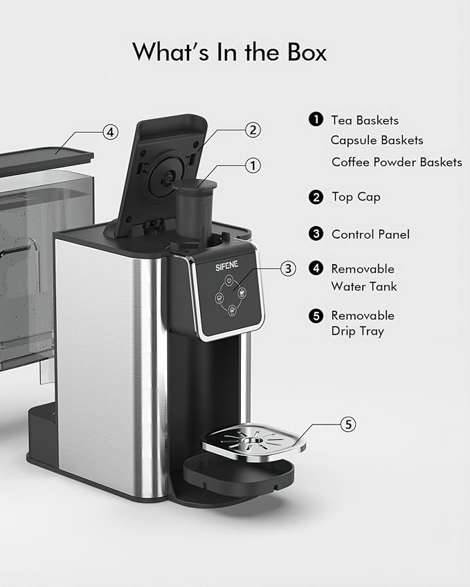 SIFENE Quick Brew Single Serve Coffee Maker, Versatile 3-in-1 Design for Coffee Pods, Ground Coffee, & Loose Tea, Adjustable 6-12oz Cup Sizes, Large 50oz Removable Water Tank, 1150W, Compact, Black
