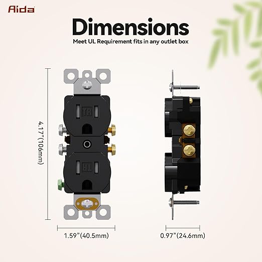 AIDA 20 Pack 15 Amp Outlet Duplex Electrical Receptacle Outlets,Power Outlet,Tamper Resistant,Heavy-Duty Receptacle, 2 Pole,3-Wire, Self-Grounding Clip, NEMA 5-15R,UL Listed,Black