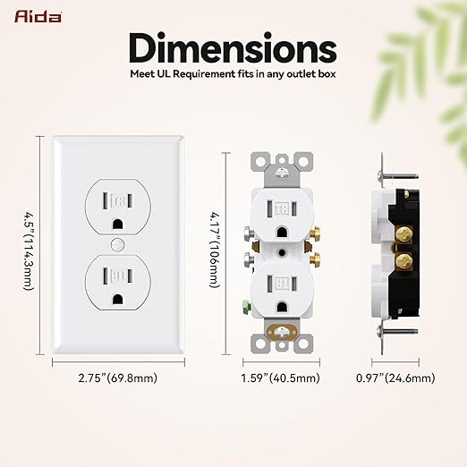 AIDA 10 Pack White Standard Duplex Electrical Wall Receptacle Outlet, 15A 125V, 2 Pole 3 Wire, Tamper Resistant, NEMA 5-15R, Self-Grounding, Wall Plate Included, UL Listed