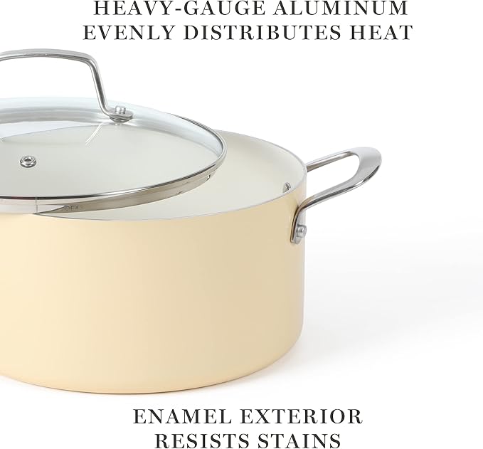 Martha Stewart Lockton Premium Nonstick PFA Free Ceramic Interior 10 Piece Enamel Heavy Gauge Aluminum Pots and Pans Cookware Set - Butter Cream