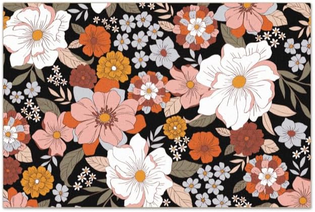 Retro Floral Dish Drying Mat Super Absorbent Coffee Mat, Fit Under Coffee Maker Espresso Machine (Abundant Blooms,Black)