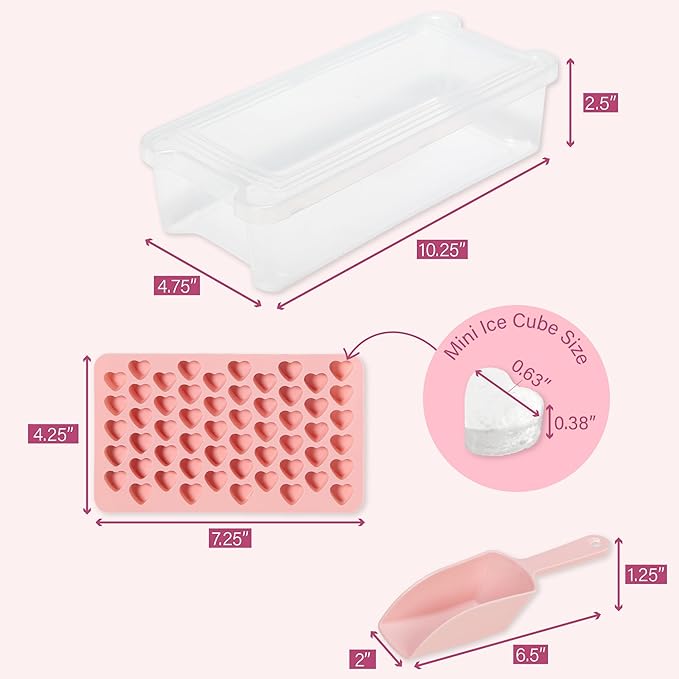 Paris Hilton Heart Shaped Mini Ice Cube Tray Set, Includes 3 Mini Ice Cube Molds, Ice Bin Storage Container with Lid and Ice Scoop, Made without BPA, 6-Piece Set, Pink
