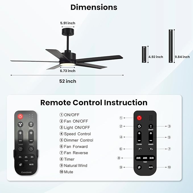 Conciseer Modern Ceiling Fans with Lights,52 Inch Ceiling Fans with Remote for Bedroom Living Room Kitchen, 18W 6CCT Dimmable,5 Blades 6 Speed Reversible Quiet DC Motor Black