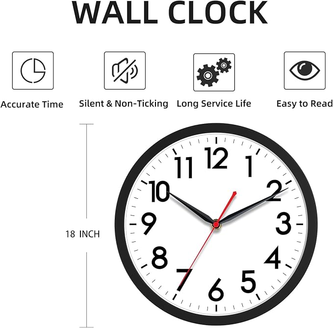 AKCISOT 18 Inch Wall Clock, Battery Operated Analog Clock, Silent Non-Ticking, Ideal for Bedroom, Bathroom, Kitchen, Office and School, Black