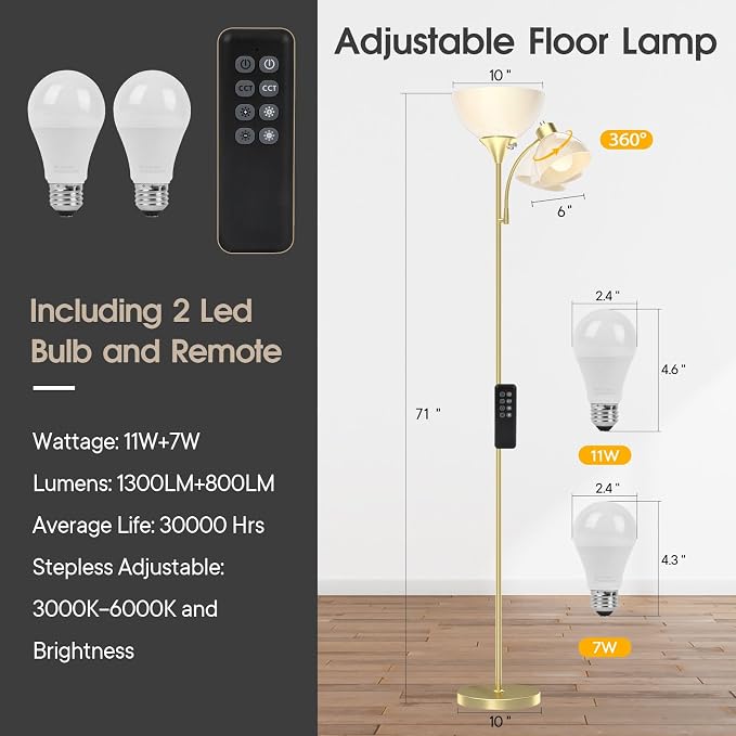 GERGO Led Floor Lamp, Super Bright 11W+7W 2100LM Torchiere Floor Lamps for Living Room, Stepless Adjustable 4 Color Temperatures 3000K-6000K with Remote Control for Bedroom(Golden)
