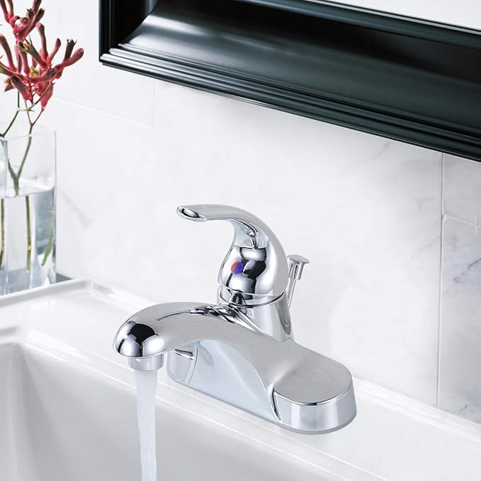 WOWOW Bathroom Faucet 1 Handle Low Arc Single Handle 4 inch Centerset Bathroom Sink Faucet with Lift Rod Drain Assembly Basin Mixer Tap Chrome Vanity Taps