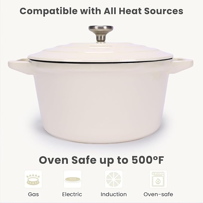 QuliMetal Enameled Cast Iron Set 5-Pc, 10" Stackable Space-Saving Cookware Set, Dutch Oven, Skillet, Grill Pan, with 2 Universal Lid, Versatile Enamel Dutch Oven, Included Spacers, White