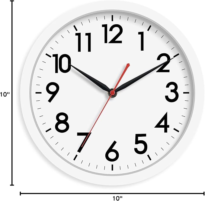 AKCISOT 10 Inch Wall Clock, Battery Operated Analog Clock, Silent Non-Ticking, Ideal for Bedroom, Bathroom, Kitchen, Office and School, White