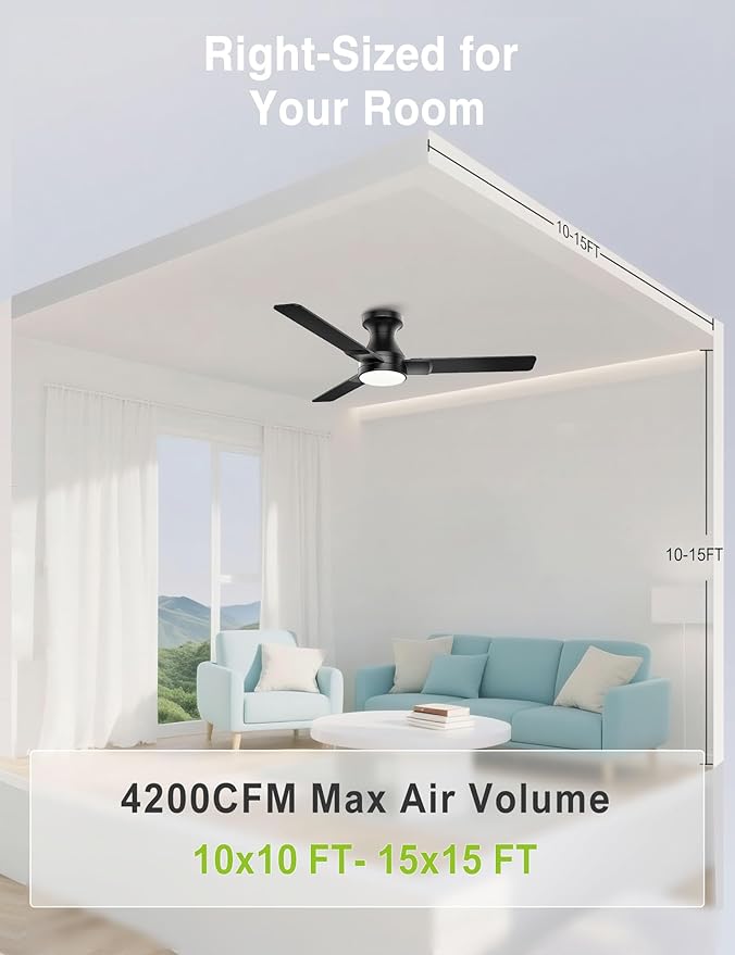 DAMINY 42 inch Ceiling Fans with Lights,3 Blades,6CCT, Low Profile Ceiling Fan with Light and Remote Control,Ceiling Fan for Bedroom, Kitchen,Indoor/Outdoor Use,Flush Mount-Black