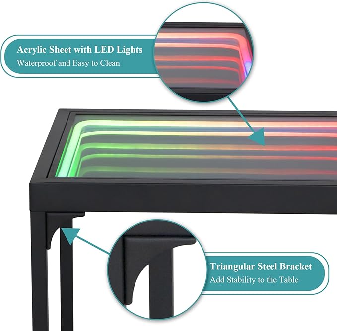 FUSLITE Infinity Mirror Light Table, Coffee Tables for Living Room, with 3D Infinity Illusion Mirror, RGB Side Table, with Tunnel Light, with Futuristic Decor, for Bedroom, Party