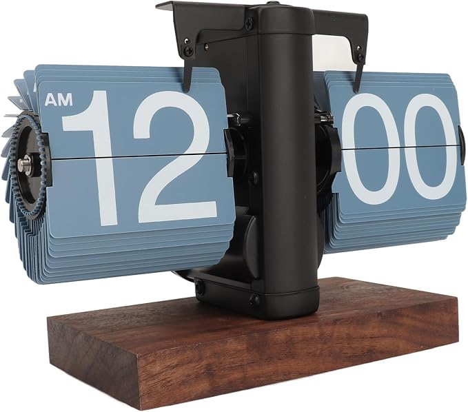 VBESTLIFE Retro Digital Flip Down Clock, Battery Powered Internal Gear Operated Clock, Classic Mechanical, Black Walnut Base, for Home & Office Decor (Blue)