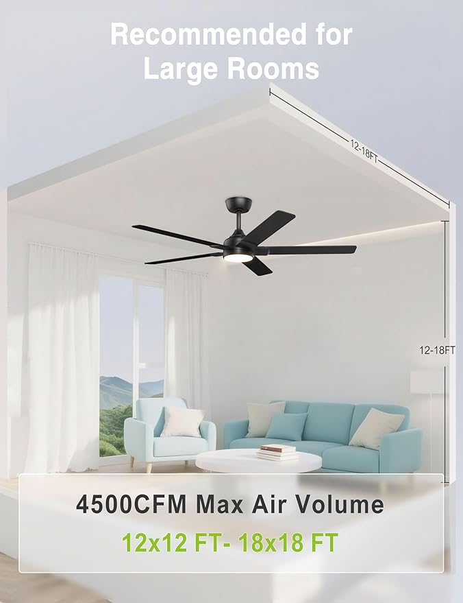 DAMINY 52 inch Black Ceiling Fans with Lights,5 Blades,6CCT, Low Profile,Remote Control,for Bedroom, Kitchen,Living Room,Indoor/Outdoor Use,Downrod
