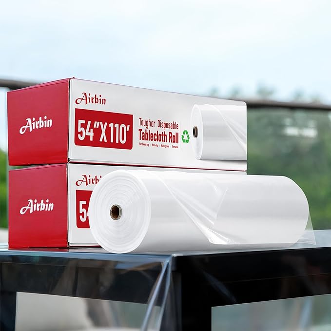 Plastic Table Cloth, 110 Ft X 54 in Disposable Tablecloth White Tablecloth Premium PEVA Plastic Table Cloth Disposable with Any Cut Sliding Cutters for Picnics, Parties, Birthdays, Weddings