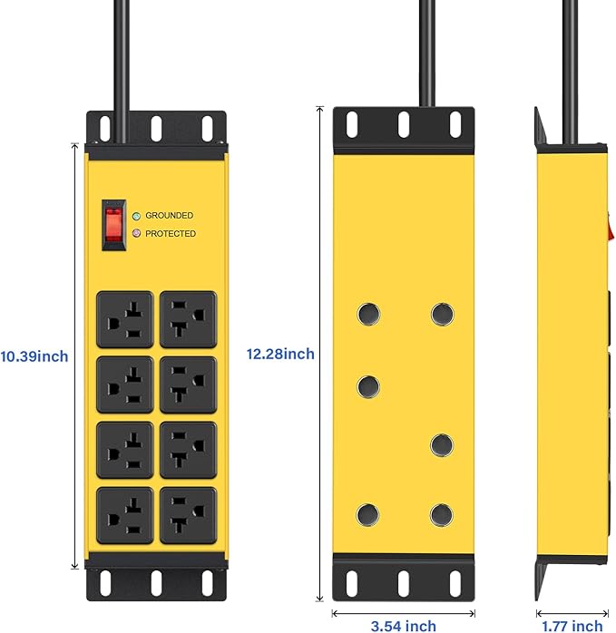 CCCEI Heavy Duty Power Strip Surge Protector 20 AMP Switch, 12 Gauge Extension Cord with Multiple Outlets, Industrial, Shop, Garage High Amp Wall Mount Electric Extender. 4FT, Yellow.