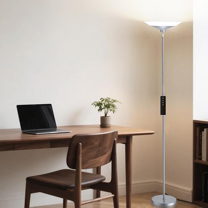 SIBRILLE Silver Torchiere Floor Lamp - 30W Dimmable LED Standing Lamp with Remote/Button Control, 1800Lm, 3000-6500K, 72in Bright Standing Pole Light for Living Room Bedroom Office Corner