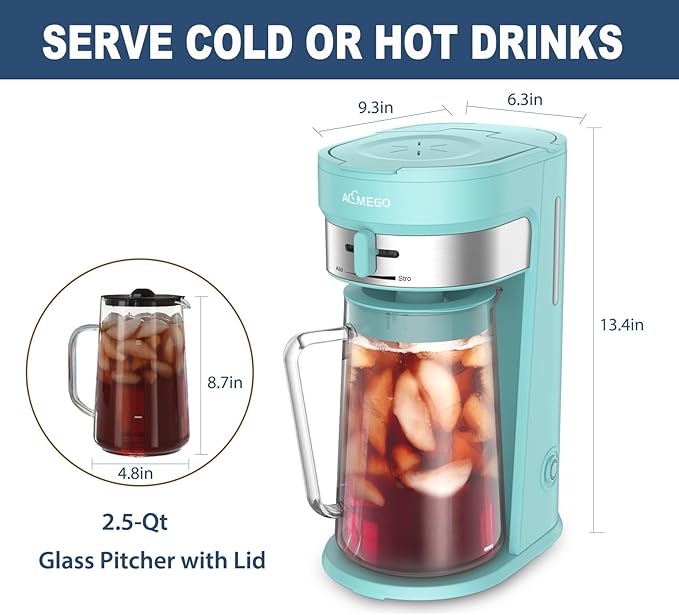 AEMEGO Iced Tea Maker, Brewing System with 2.5-quart Glass Pitcher, sliding strength selector, Stainless Steel Decoration, Reusable Filter (Green)