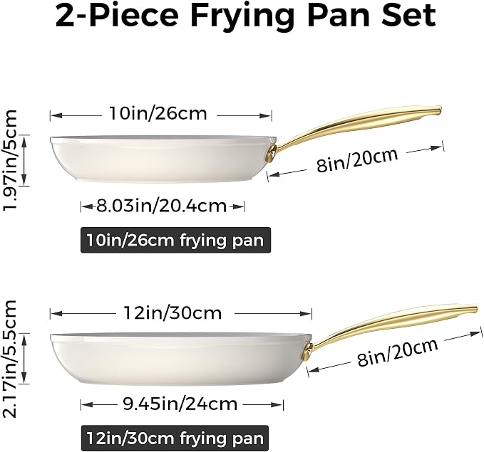 Sanho Ceramic NonStick Frying Pan, 10 & 12 Inch Frying Pans Skillet, Non Stick Egg Pan with Cool Touch PVD Handle for Induction, Dishwasher & Oven Safe, PTFE & PFOA Free, Non Toxic for Healthy Cooking