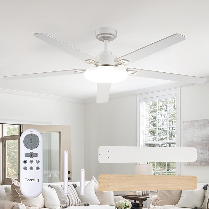 Passky Ceiling Fans with Lights, 60 inch Sleek Ceiling Fan with Light and Remote Control, 3CCT, Dimmable, Reversible, Noiseless, White Ceiling Fan for Bedroom, Living Room