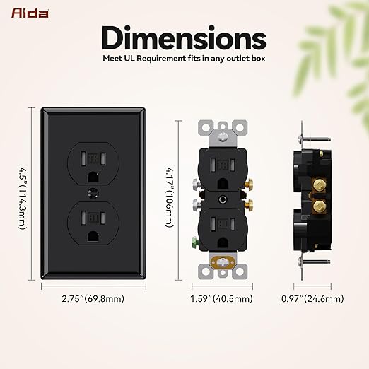 AIDA 1 Pack Black Standard Duplex Electrical Wall Receptacle Outlet, 15A 125V, 2 Pole 3 Wire, Tamper Resistant, NEMA 5-15R, Self-Grounding, Wall Plate Included, UL Listed