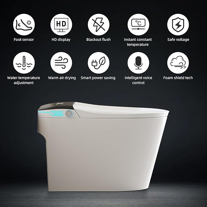 Smart Toilet with Bidet Built In ADA Height 17.7", 1.28GPF Power Flush, One Piece Bidet Toilet Design with Heated Seat, Voice Control, Remote Control, Foam Shield, Tankless Modern Toilet BSJ