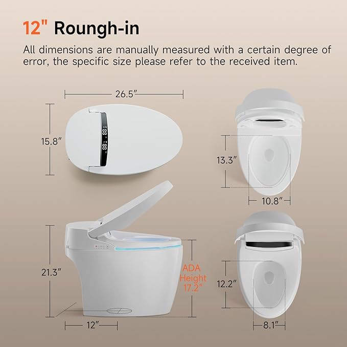 Smart Toilet with Bidet Built In, Auto Open/Close,Powerful Flush 1.2GPF, 17.2" ADA Comfort Height Seat,Foot Sensor,Bidet Toilet With Heated Seat,Instant Warm Water & Dryer,Tankless Toilet